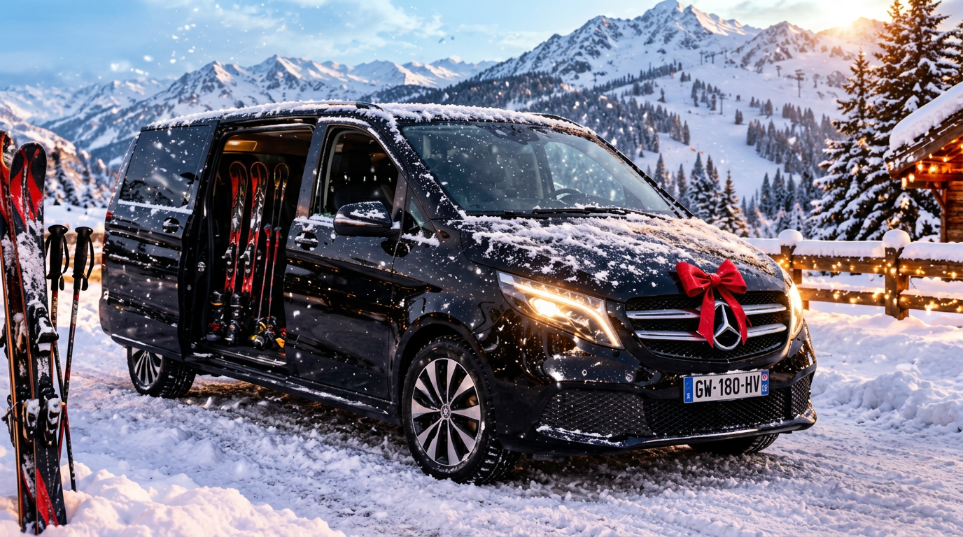 Le van Mercedes Time To Go Driver sous la neige, skis à bord